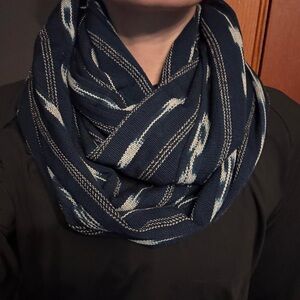 Navy blue and white striped infinity scarf made from up-cycled textiles